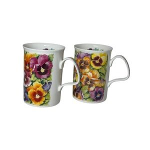 Roy Kirkham Pansy Fine Bone China Mugs Set of 2 England 1994 Floral Coffee Tea